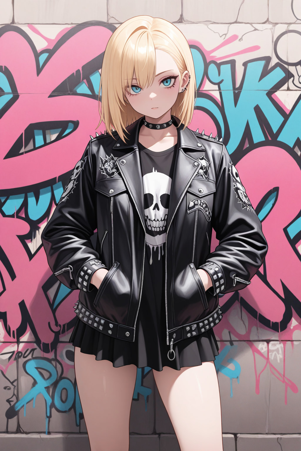 An adult musician in a futuristic city, pink and cyan reflections, bold anime illustration.